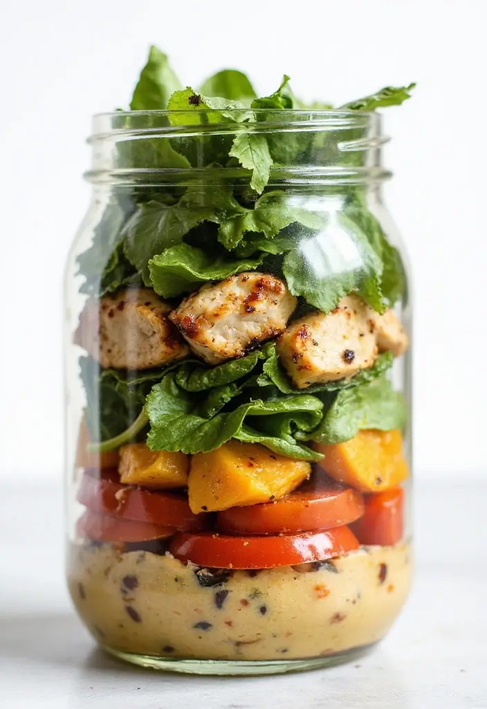 25 Mediterranean Salad in a Jar Recipes for Quick and Fresh Meals 59 25 Mediterranean Salad in a Jar Recipes for Quick and Fresh Meals - 11. Grilled Chicken Salad Jar