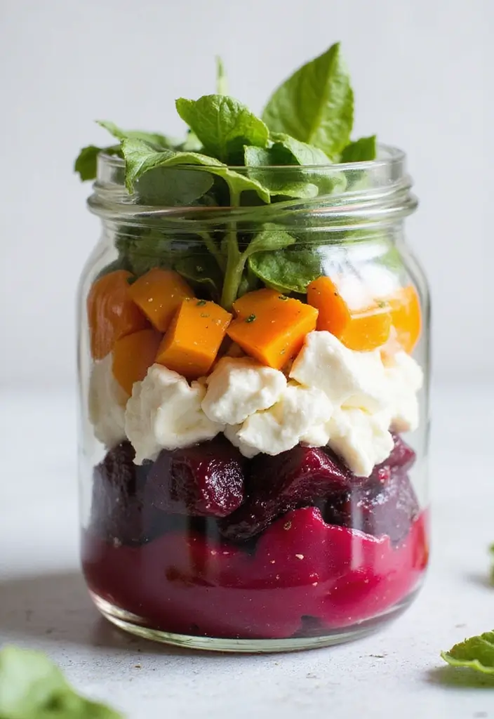 25 Mediterranean Salad in a Jar Recipes for Quick and Fresh Meals 47 25 Mediterranean Salad in a Jar Recipes for Quick and Fresh Meals - 9. Beetroot and Goat Cheese Salad Jar