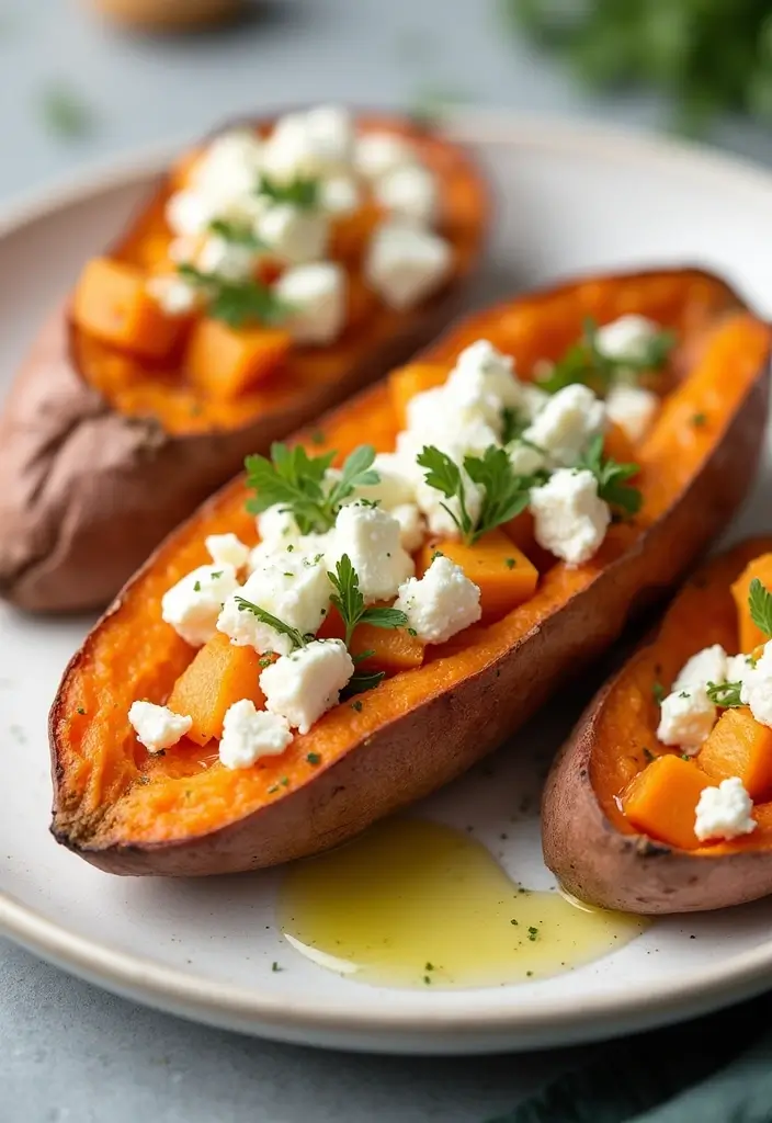 26 Mediterranean Diet Recipes Without Tomatoes (Still Delicious) - 19. Baked Sweet Potatoes with Feta