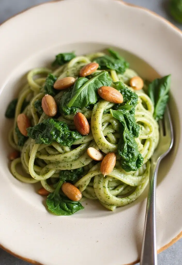 27 High-Protein Mediterranean Recipes for Energy and Fitness - 24. Vegan Pesto Pasta with Spinach