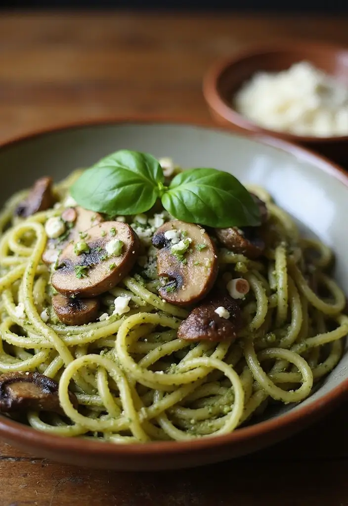 27 Mediterranean Diet Recipes with Mushrooms for Rich Flavor - 16. Mushroom and Pesto Pasta