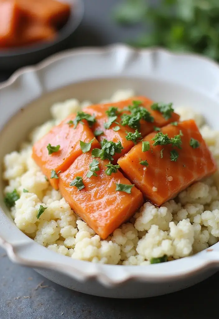 30 Mediterranean Diet Recipes with Salmon That Are Heart Healthy - 18. Salmon and Cauliflower Rice Bowl