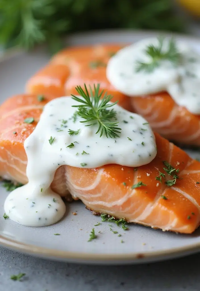 30 Mediterranean Diet Recipes with Salmon That Are Heart Healthy - 21. Salmon with Greek Yogurt and Dill Sauce