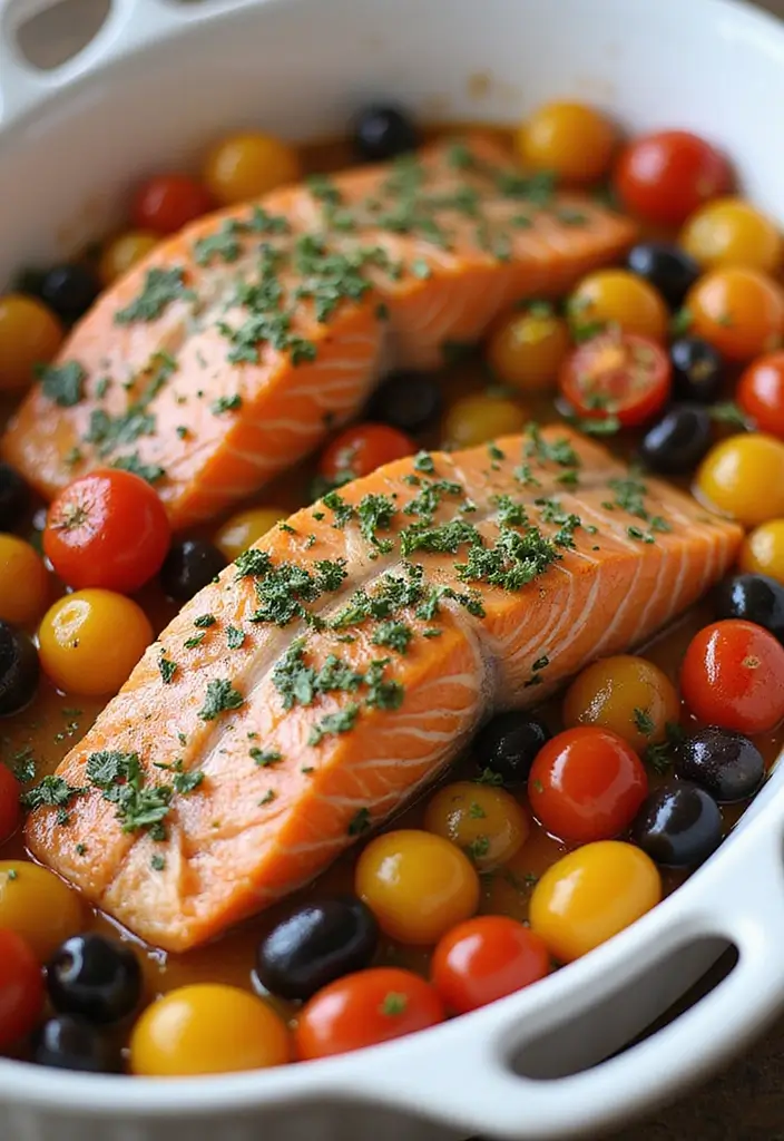 30 Mediterranean Diet Recipes with Salmon That Are Heart Healthy - 3. Baked Greek Salmon with Olives and Tomatoes