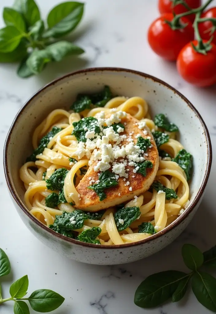 30+ Mediterranean Diet Slow Cooker Dinners Featuring Greek Chicken - 20. Greek Chicken Pasta with Spinach and Feta