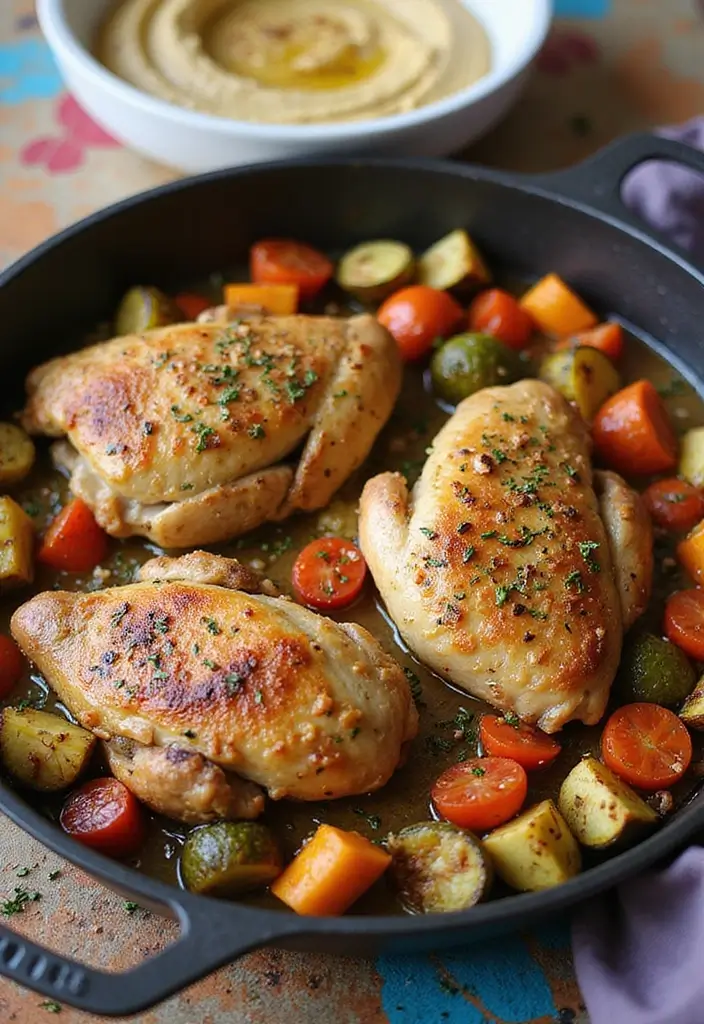 30 Mediterranean One-Pan Chicken Recipes for Easy Dinners 171 30 Mediterranean One-Pan Chicken Recipes for Easy Dinners - 29. One-Pan Chicken with Veggies and Hummus